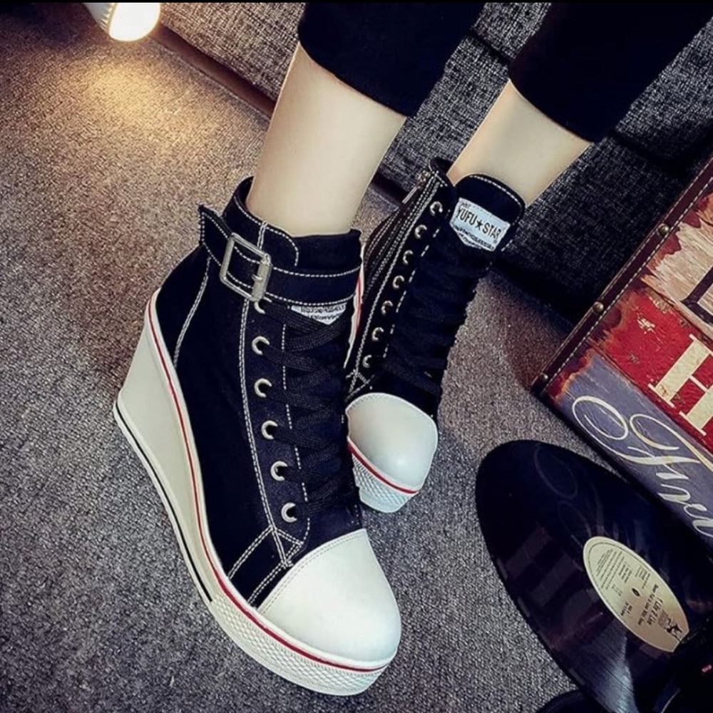 Stylish Black and White Wedge Sneakers